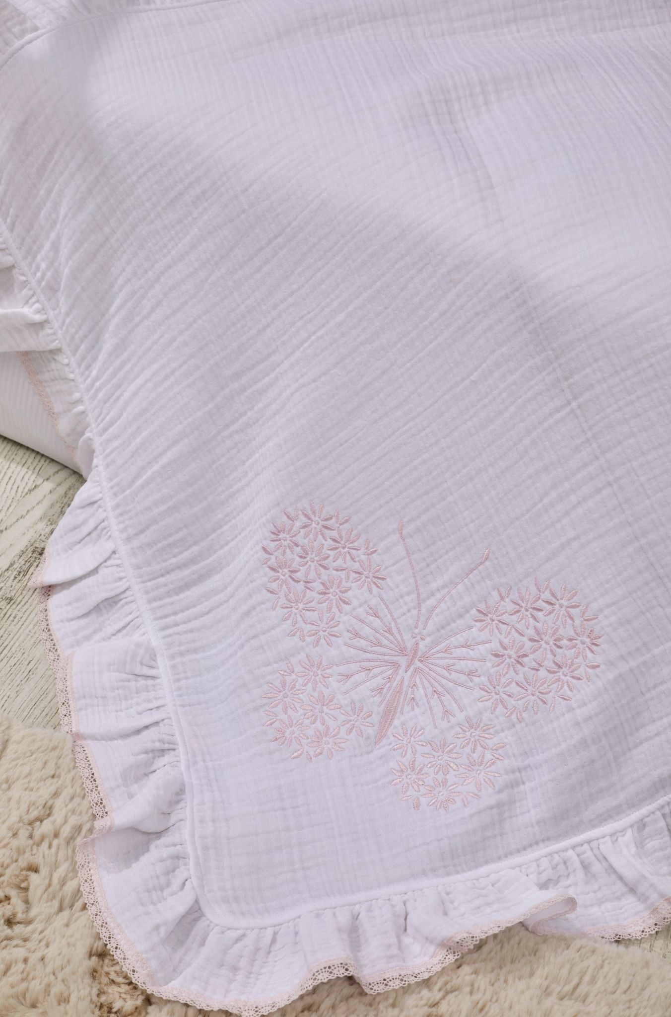 Couverture en Mousseline Brodée Butterfly Bébé - White/Pink
