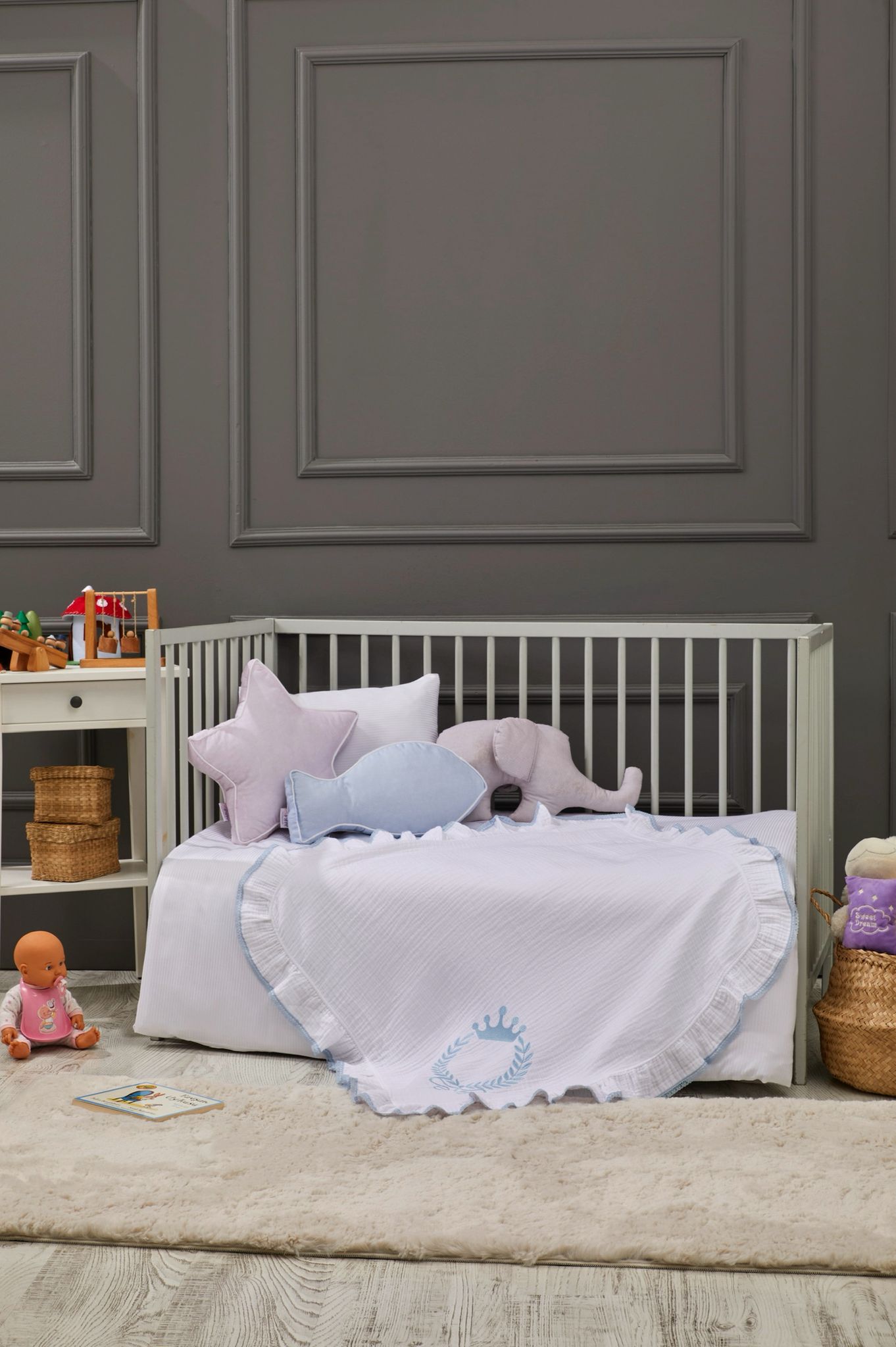 Couverture en Mousseline Brodée King Bébé - White/Blue