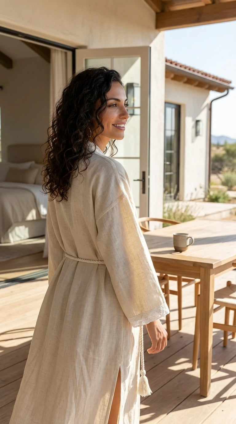 Robe de chambre femme Lace Trim - Natural